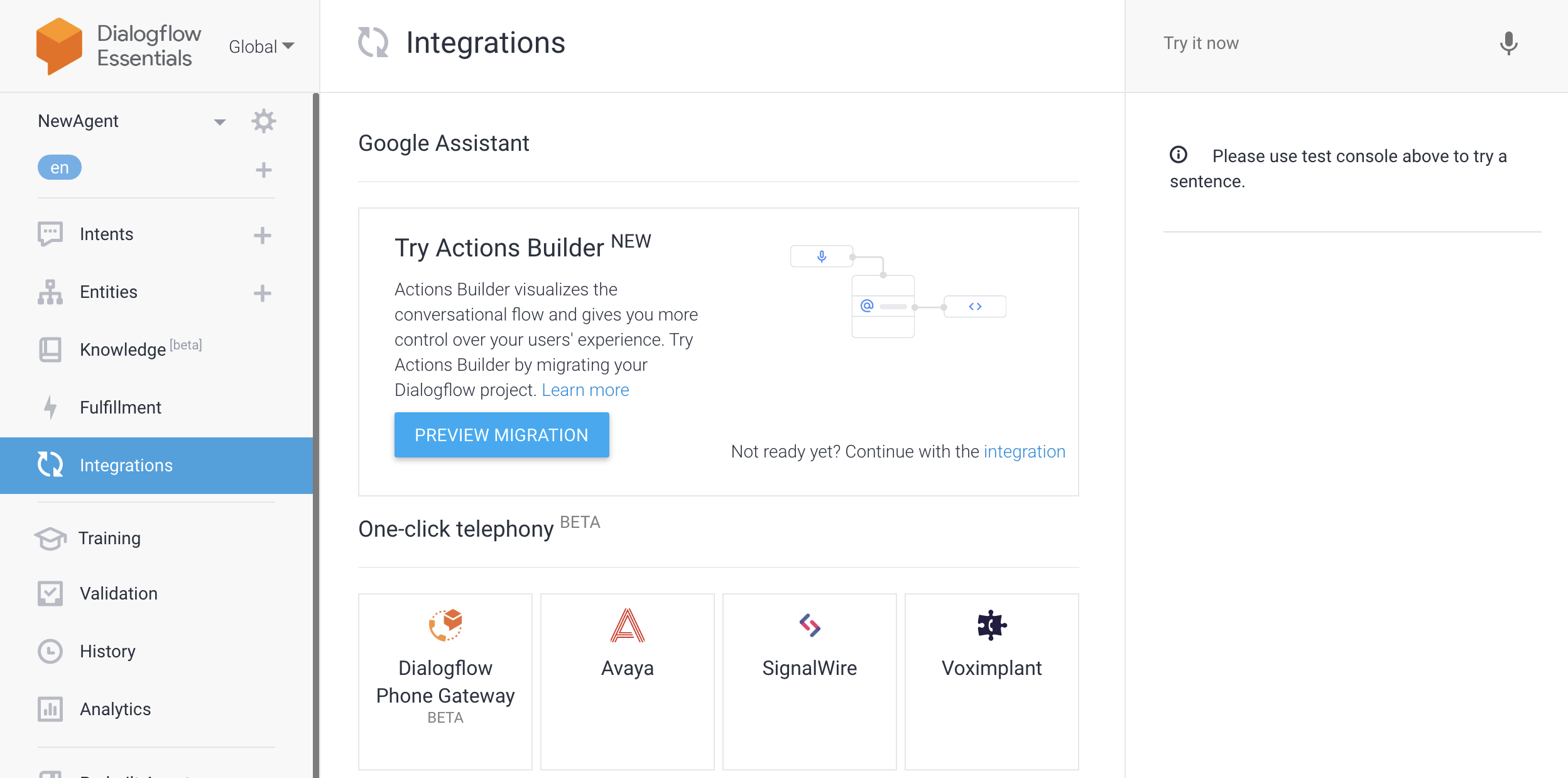 The Dialogflow web application. The 'Integrations' tab is selected, showing a number of logos under the One-click telephony heading. The SignalWire logo appears in this section.