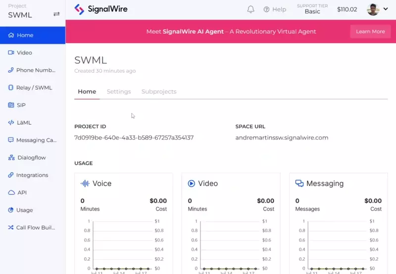 SignalWire Dashboard's phone number setting screen, selecting a SWML script as call handler.