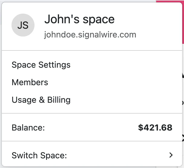 The SignalWire Space menu.