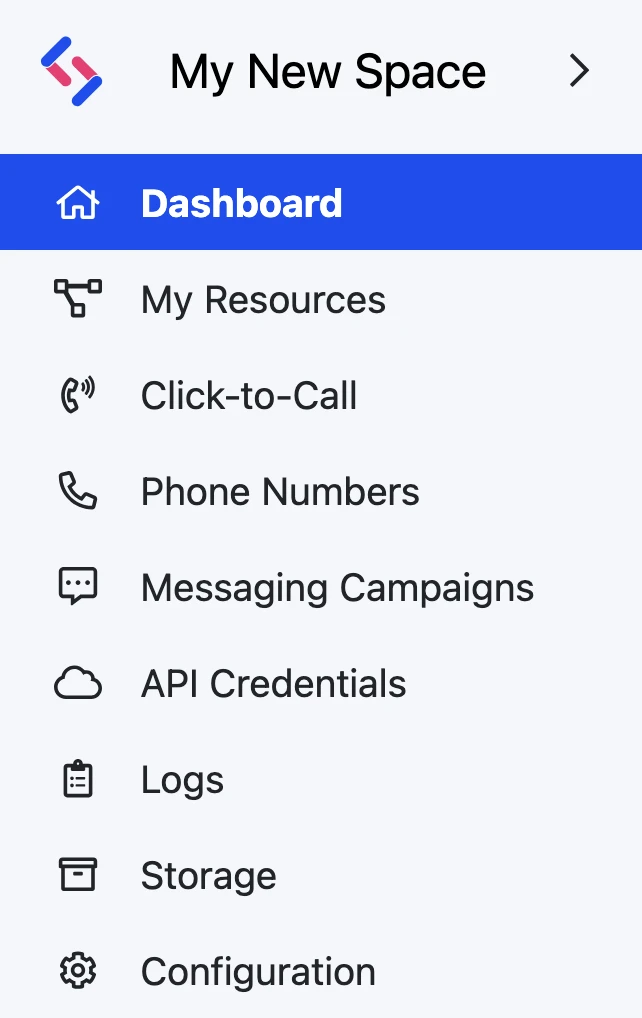 The main sidebar menu of the new SignalWire Space Dashboard UI.