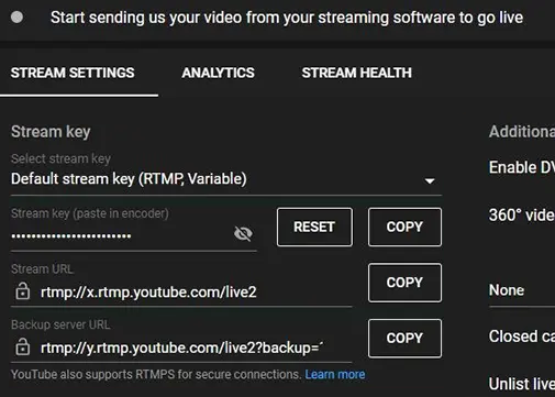 The YouTube stream parameters menu. The Stream Settings tab is selected, with fields for Stream Key type, Stream Key, Stream URL, and Backup server URL. Appropriate SignalWire parameters have been entered in each field.